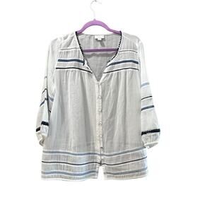 J. Jill Women's White Gauze Blue Pom Pom Tassel Button Semi-Sheer Blouse Size M